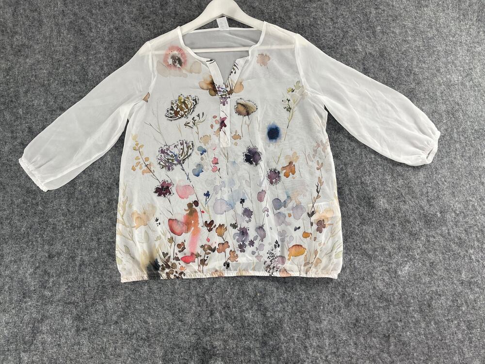 Alex Blouse Womens Size 12 Chiffon Floral White Beaded Top Shirt Transparent N2